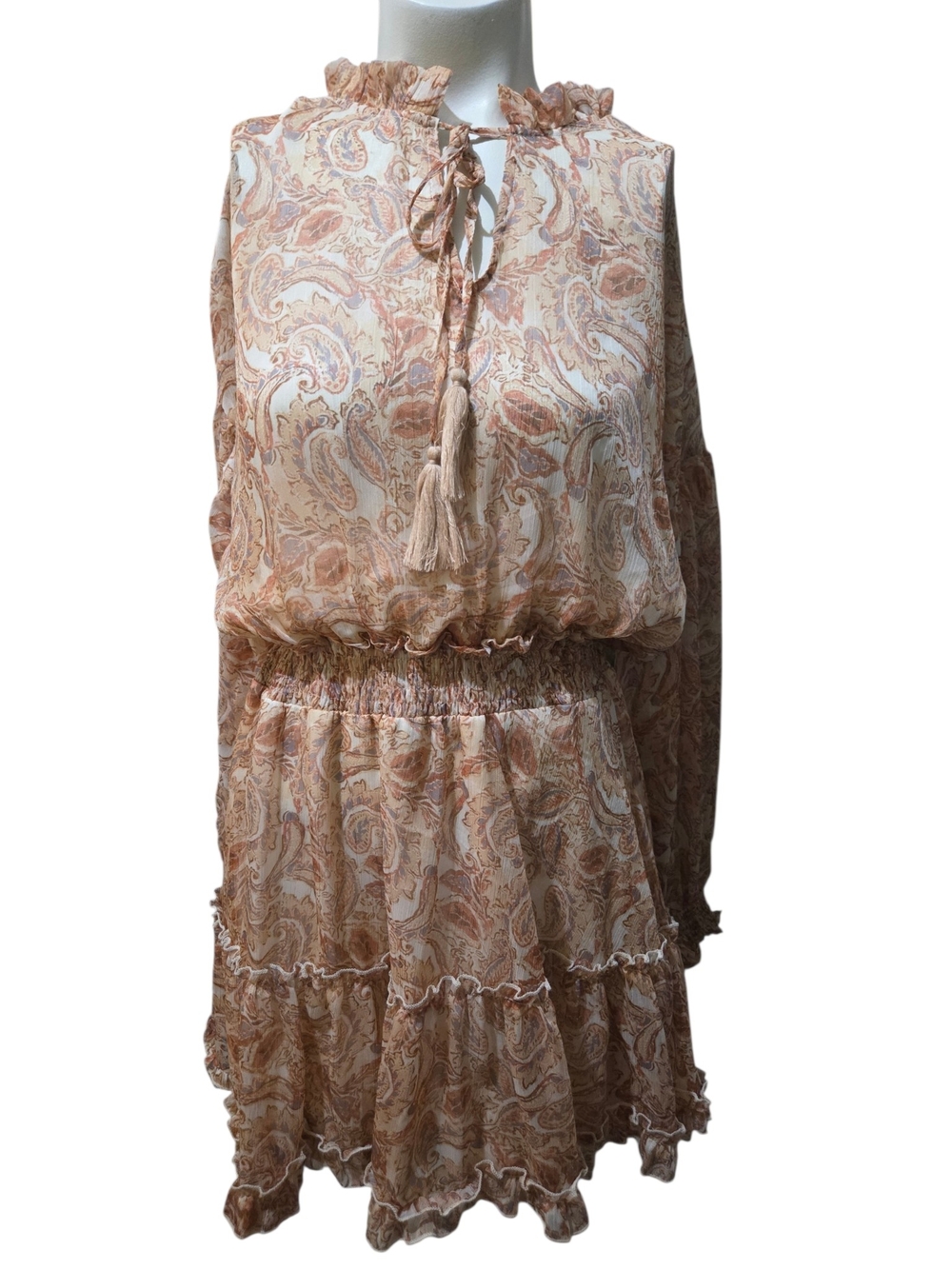 FATE Paisley Boho Mini Dress Small Ruffle Neck Tassel Tie Smocked Waist
